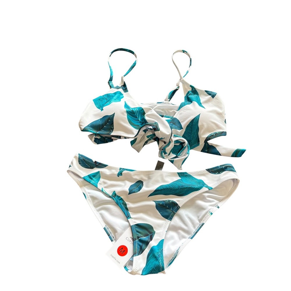 Cupshe Bikini Set Womens Size M‎ White Teal NWT Tropical Leaf Front Tie 2 Piece